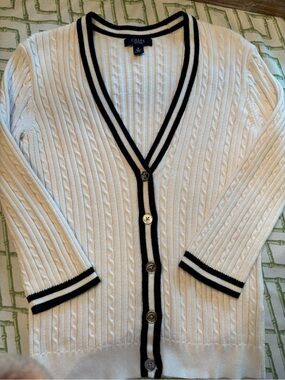 Chaps Women's Cream Cable Knit Cardigan with Black Stripe Trim